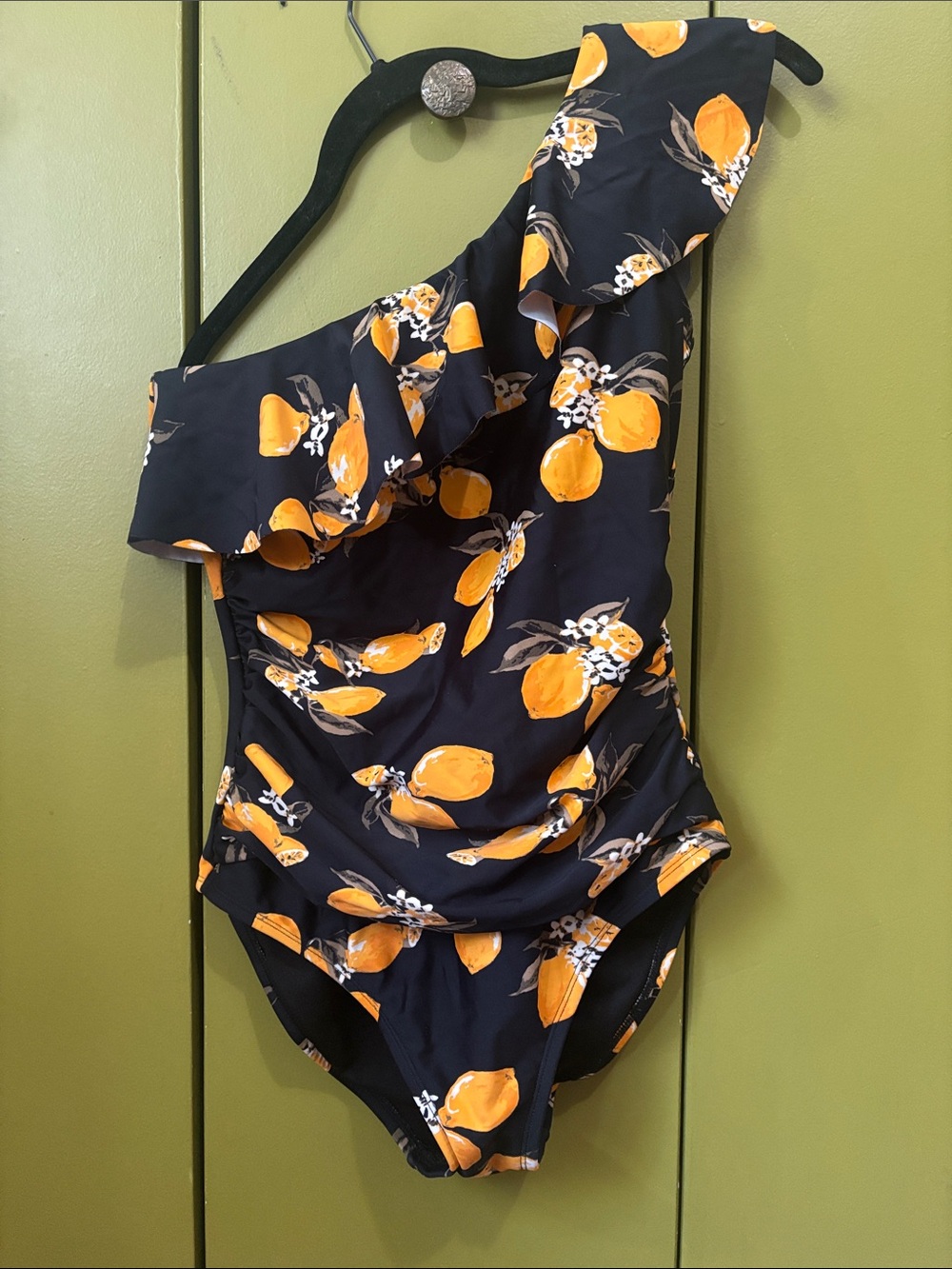 Black Swimsuit with Orange Fruit Motif Size 6